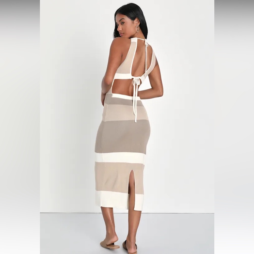 Chic Obsession Beige Striped Tie-Back Sleeveless Sweater Dress